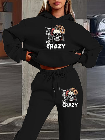 Hoodie-Hosen-Set mit Totenkopf-Buchstaben-Print