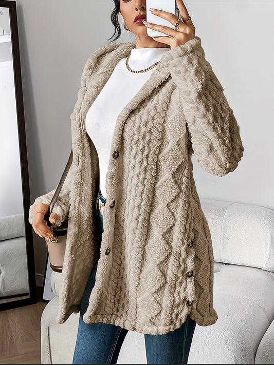 Plüschiger, langer Cardigan mit Rauten-Kapuze