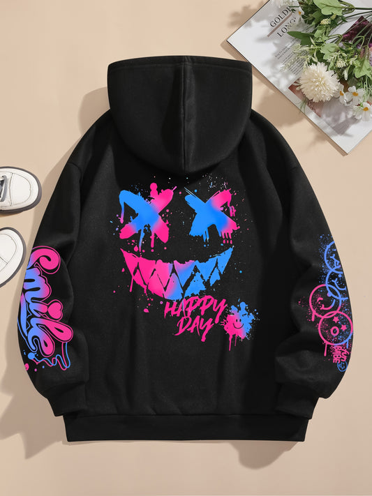 Schwarzer Hoodie mit Neon-Cartoon-Leuchteffekt