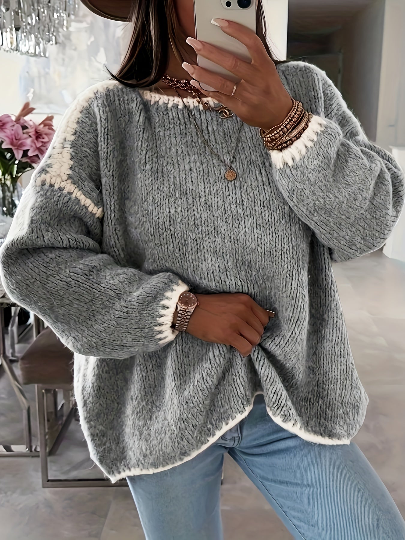 Rosa Colorblock-Pullover mit Rundhalsausschnitt und Knöpfen