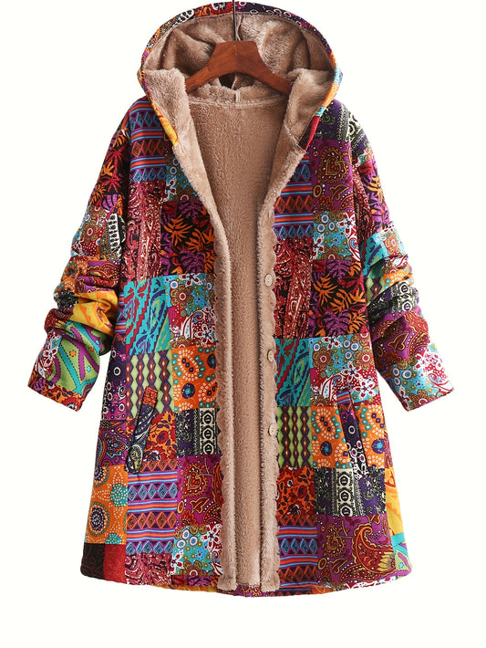 Kuschelige Kapuzenjacke mit Blumenmuster und Fleecefutter