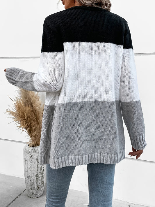 Leichte Strickjacke mit offener Vorderseite und Colorblock-Muster