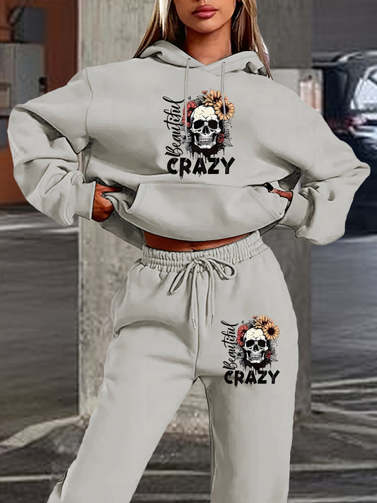 Hoodie-Hosen-Set mit Totenkopf-Buchstaben-Print