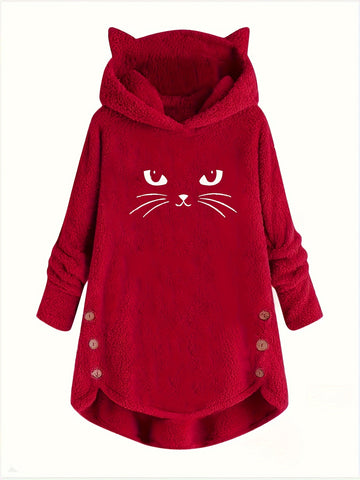 Doppelseitiger Plüsch-Kapuzenpullover mit Katzenohren