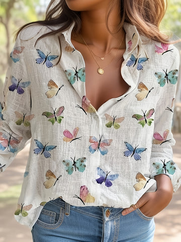 Langärmlige Bluse mit Knopfleiste und Schmetterlingsdruck