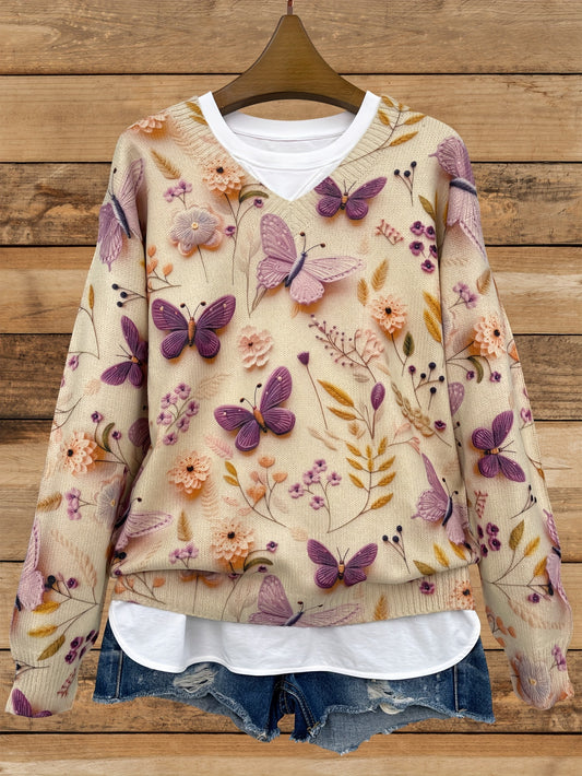 Lila Schmetterlings-Langarmpullover mit V-Ausschnitt