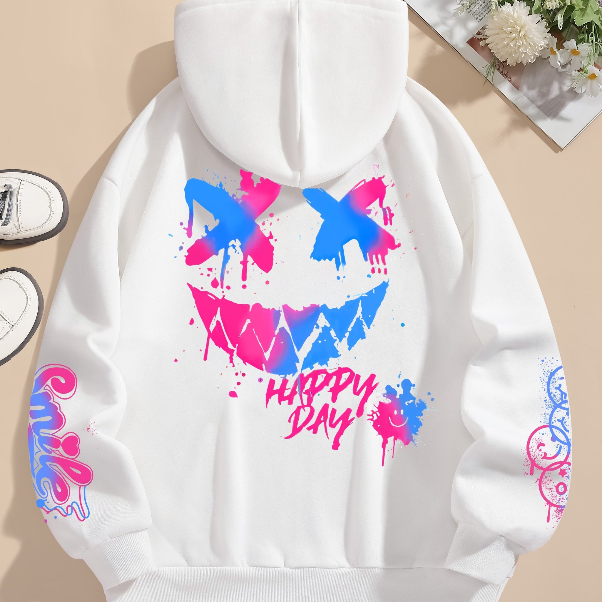 Schwarzer Hoodie mit Neon-Cartoon-Leuchteffekt