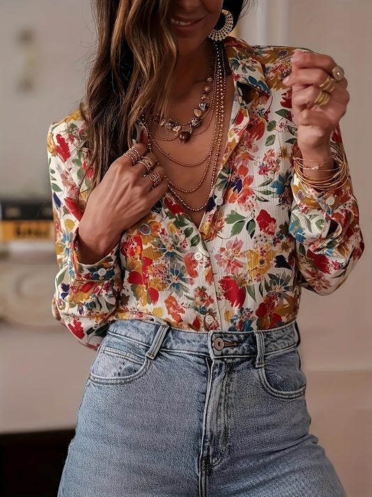 Langärmlige Bluse mit französischem Blumenmuster und Knopfleiste