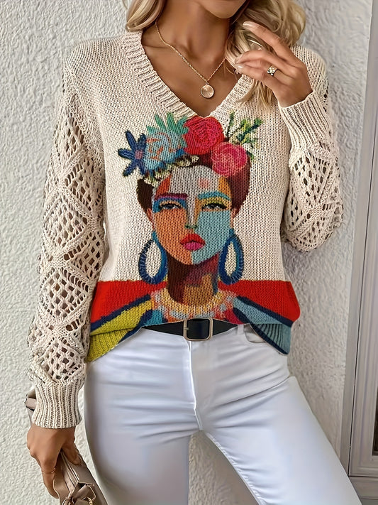 Bedrucktes Boho-Oberteil mit V-Ausschnitt für alle Jahreszeiten