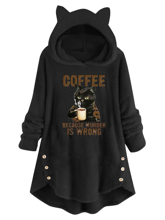 Teddy-Langarm-Hoodie mit Katzen-Slogan