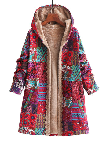 Kuschelige Kapuzenjacke mit Blumenmuster und Fleecefutter
