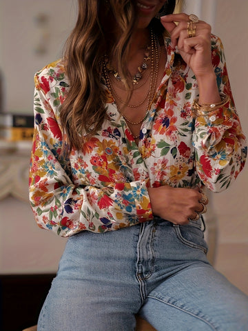 Langärmlige Bluse mit französischem Blumenmuster und Knopfleiste