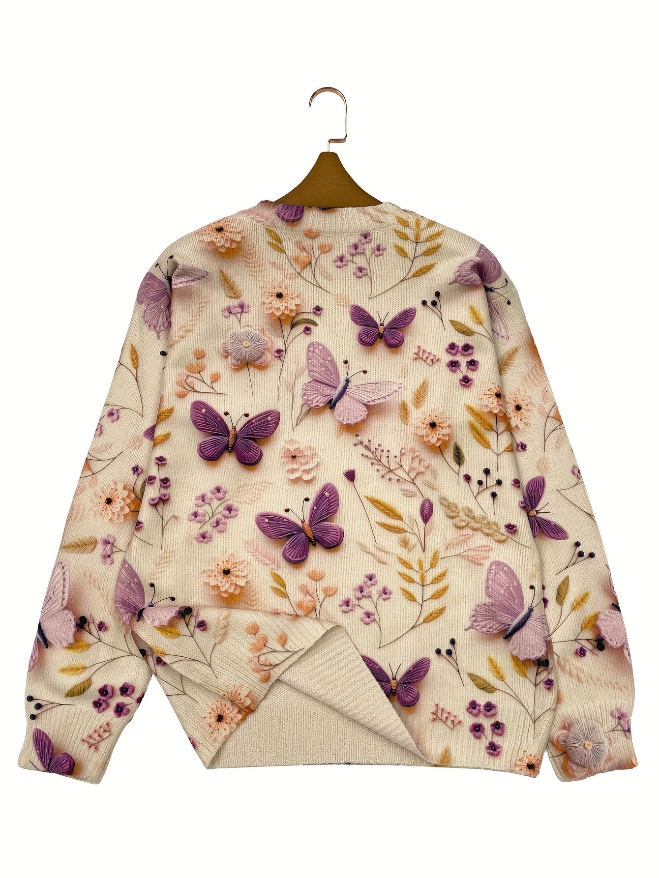 Lila Schmetterlings-Langarmpullover mit V-Ausschnitt
