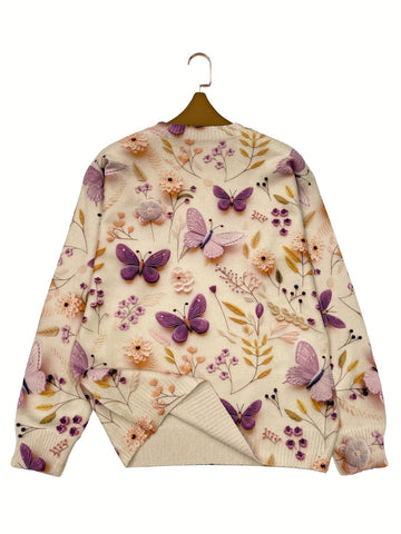 Lila Schmetterlings-Langarmpullover mit V-Ausschnitt