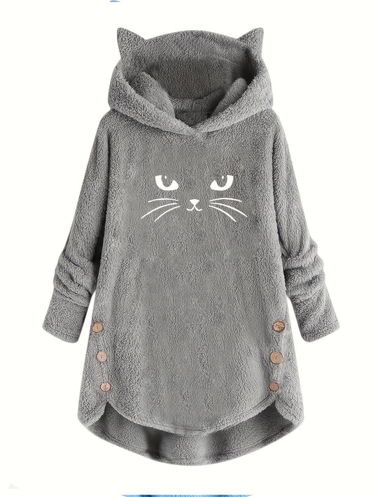 Doppelseitiger Plüsch-Kapuzenpullover mit Katzenohren