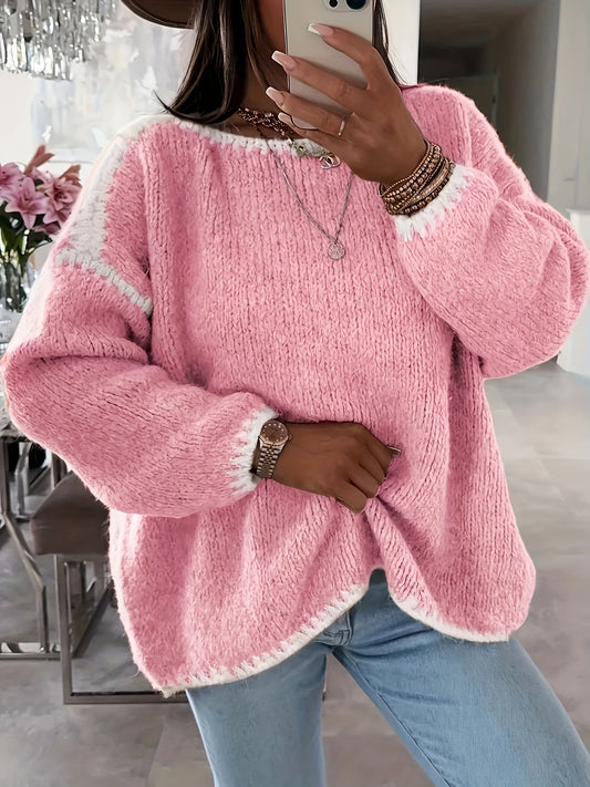Rosa Colorblock-Pullover mit Rundhalsausschnitt und Knöpfen