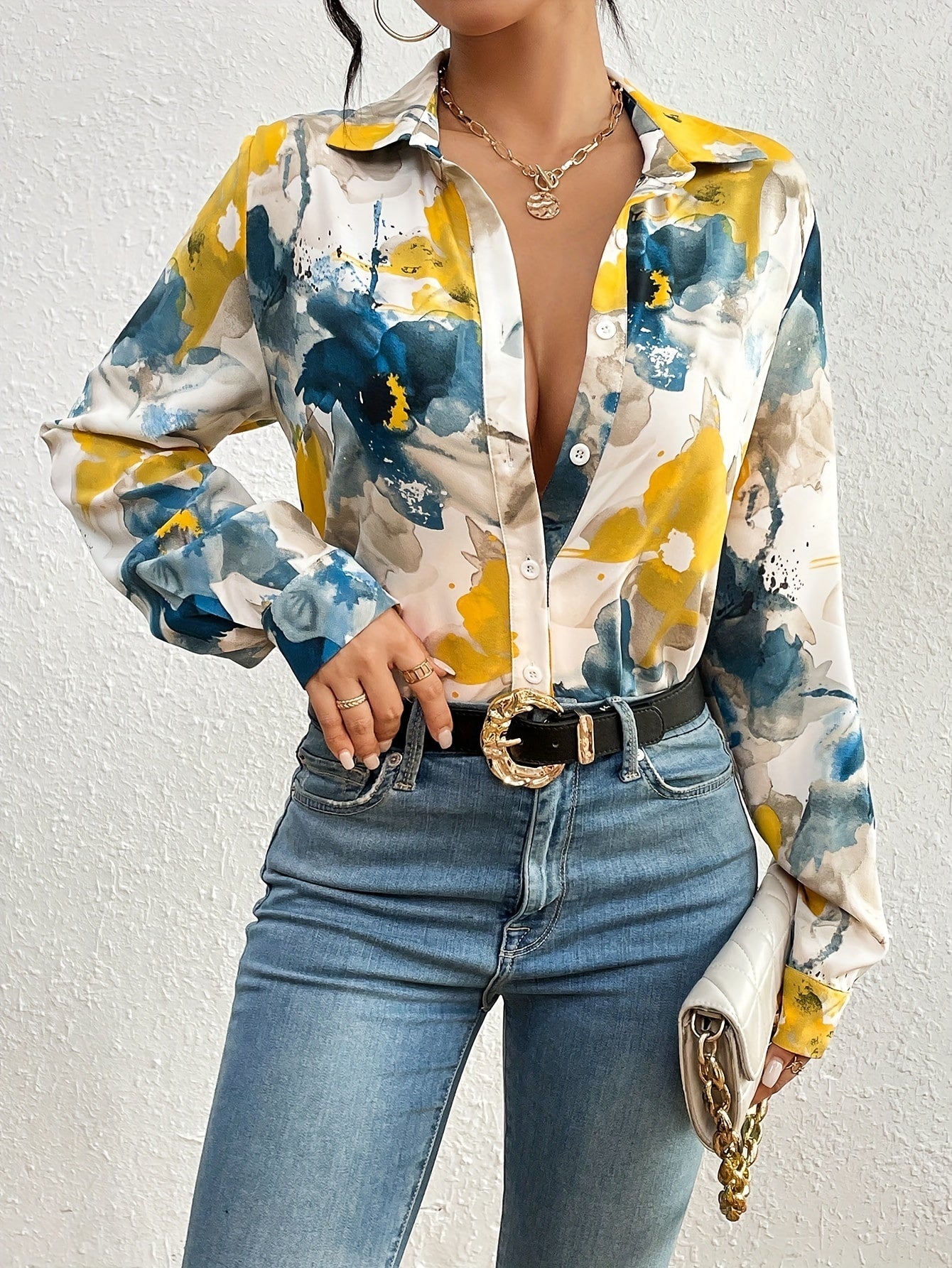 Langarmhemd mit Blumenmuster und Knopfleiste