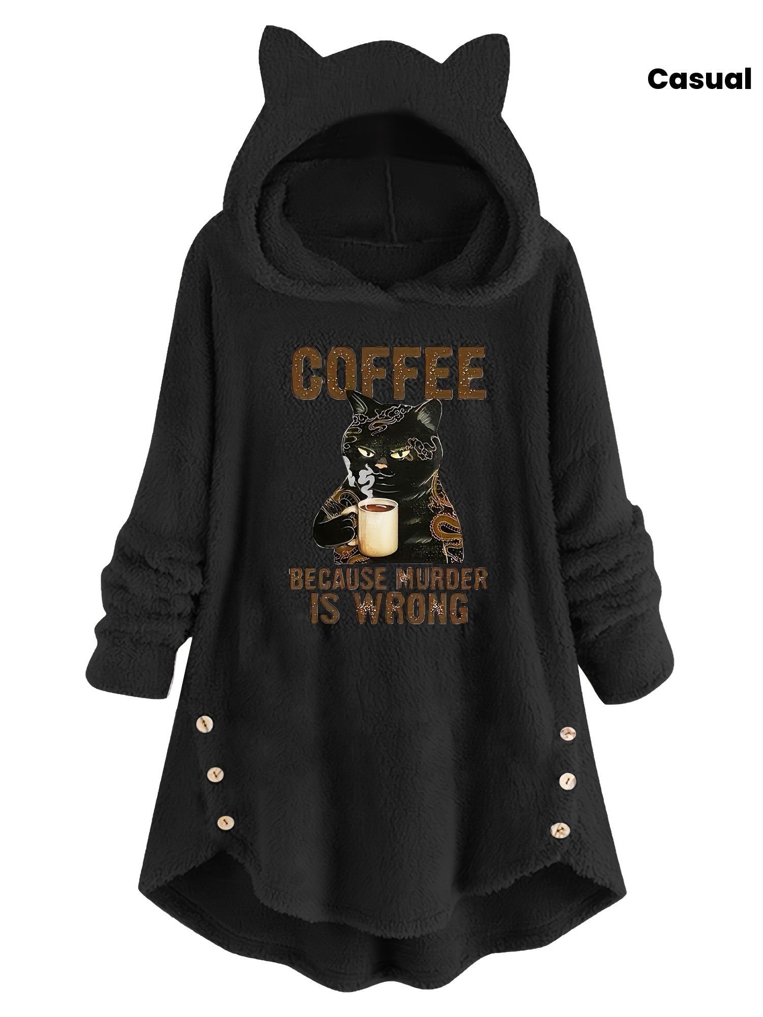 Teddy-Langarm-Hoodie mit Katzen-Slogan