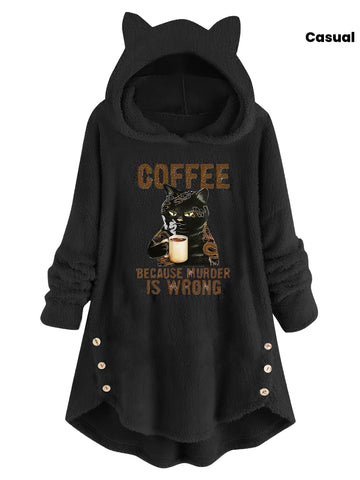 Teddy-Langarm-Hoodie mit Katzen-Slogan