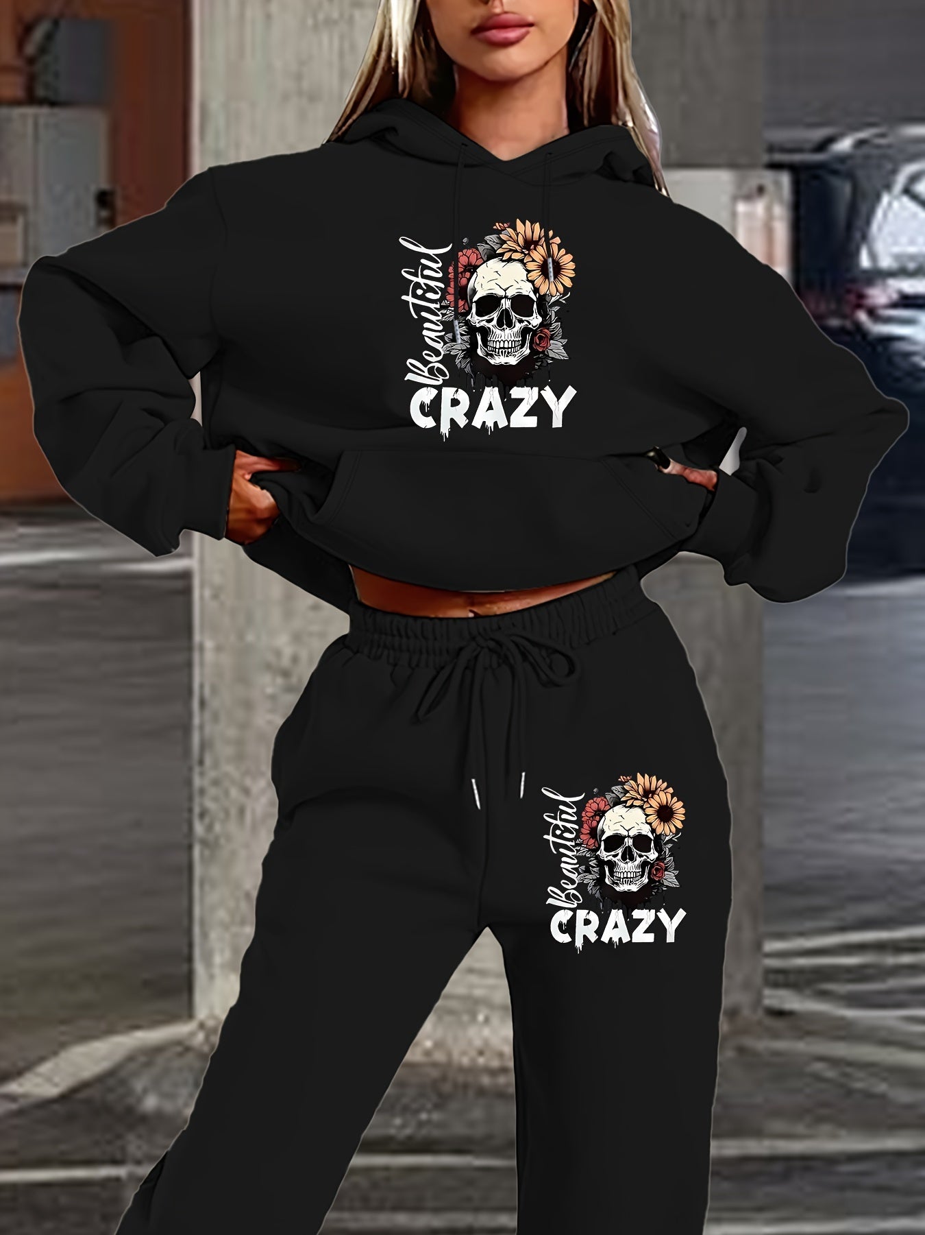 Hoodie-Hosen-Set mit Totenkopf-Buchstaben-Print